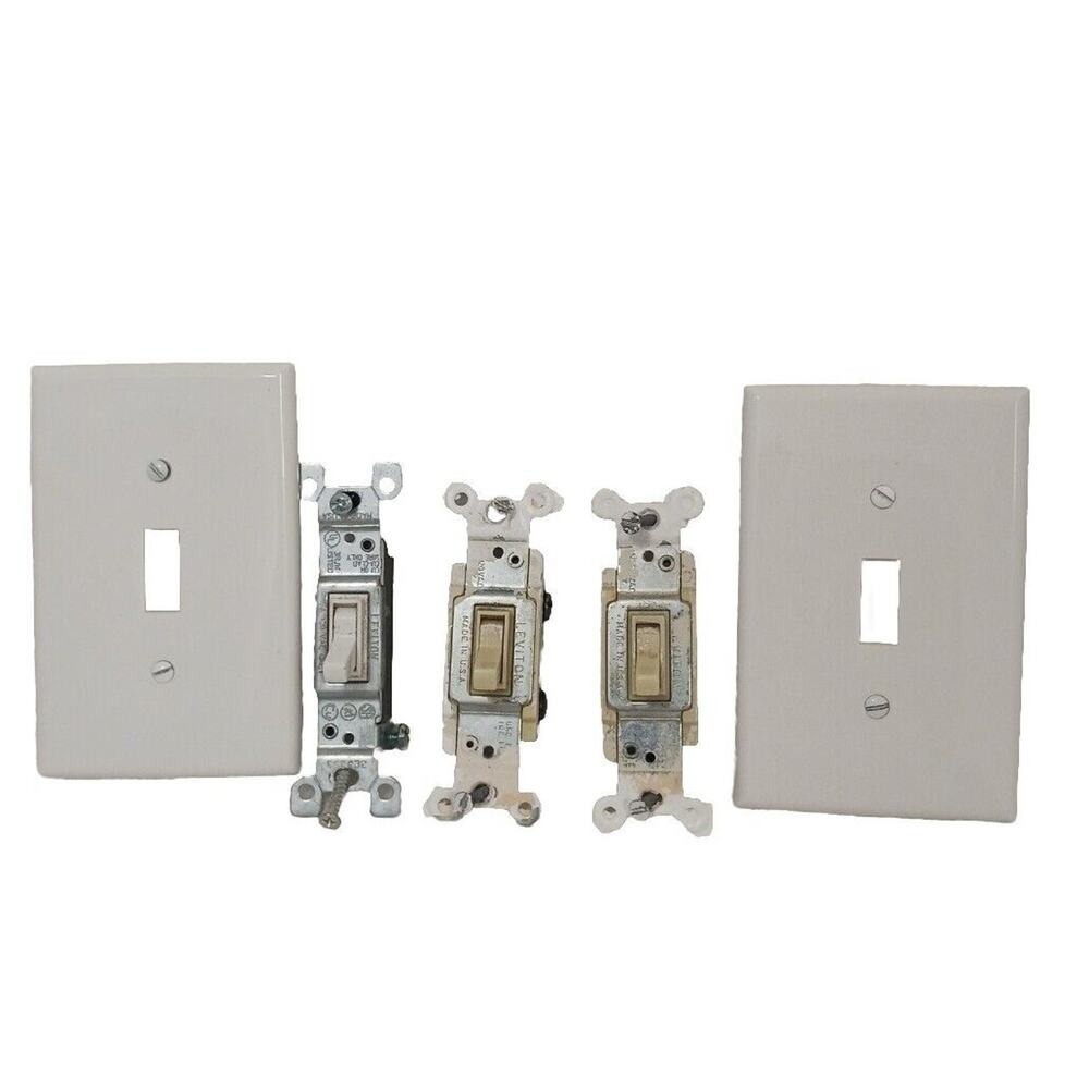 3 Leviton Light Switches + 2 Plastic Cover Plates Used WORKS GREAT Electrician